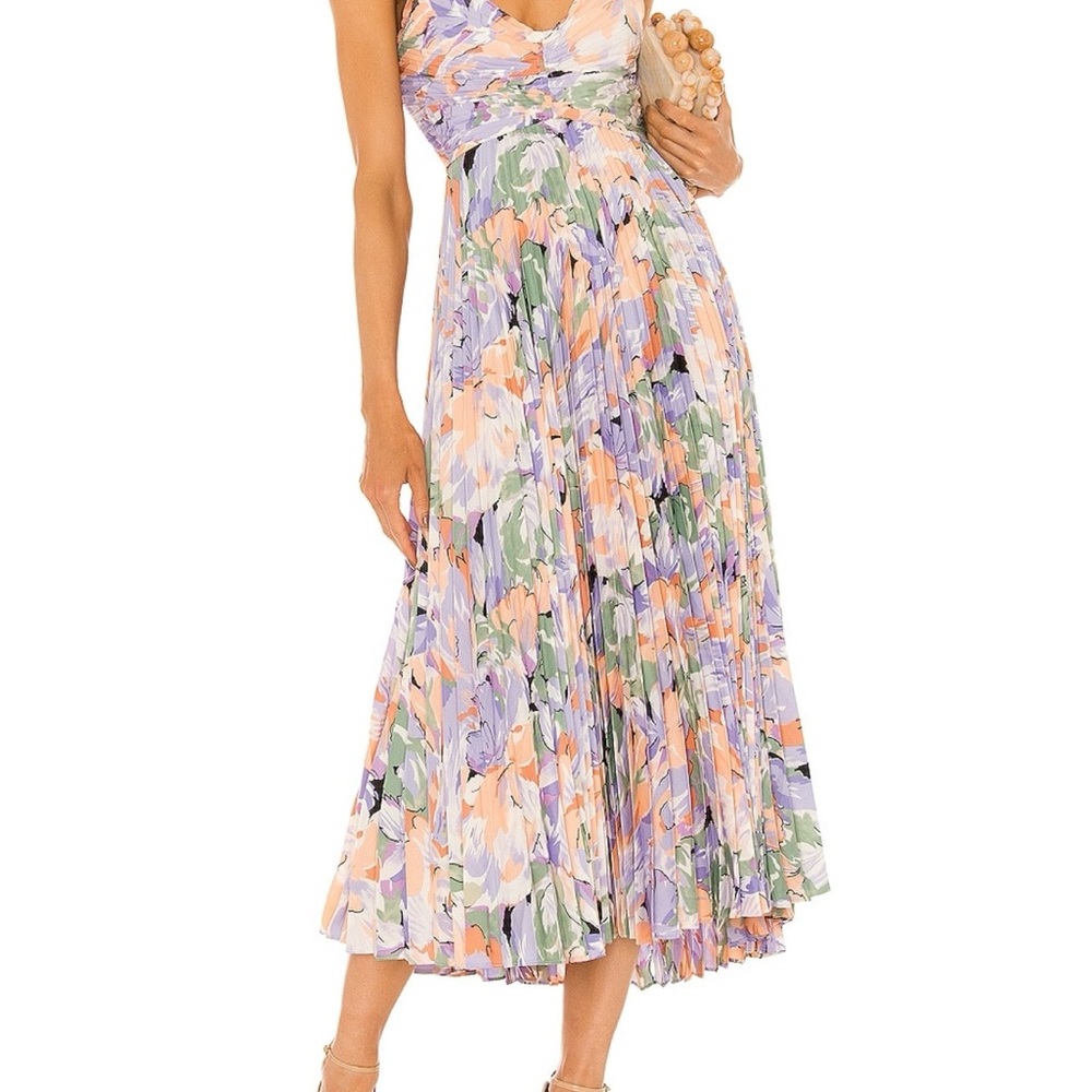 Astr Floral Pleated Midi Dress in Lilac, Peach & Green